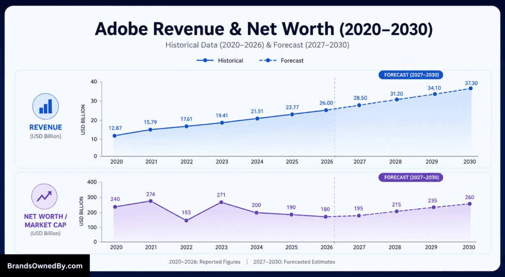 Adobe revenue and net worth 2020-30